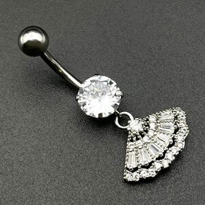 316L Stainless Steel with White Diamond Cubic Zirconia Dangling Fan Belly Ring